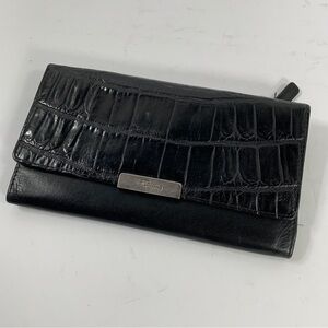 Fossil Black leather wallet trifold clutch card holder embossed Womens accessory
